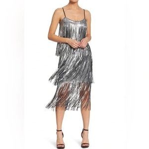 Dress the Population Roxy Dress Fringe Sequin Gunmetal Silver Shift Beyonce